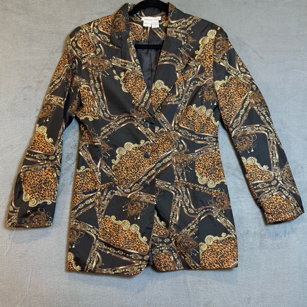Anna and Frank Women's Black and Brown Patterned Blazer 100% Silk, Size M